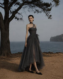 Load image into Gallery viewer, Silver Gray Layered Midi Dress, Sheer Look Formal Outfit for Reception and Gala