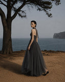 Load image into Gallery viewer, Silver Gray Layered Midi Dress, Sheer Look Formal Outfit for Reception and Gala