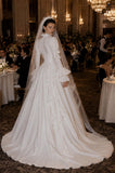 Load image into Gallery viewer, Ivory Wedding Gown with Graceful Full Length Silhouette and Dramatic Bridal Train