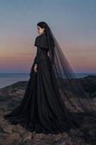 Load image into Gallery viewer, Black Gothic Bridal Gown with Dramatic Train, Alternative Wedding Dress