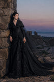 Load image into Gallery viewer, Black Gothic Bridal Gown with Dramatic Train, Alternative Wedding Dress