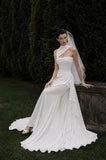Load image into Gallery viewer, White Wedding Gown with Graceful Full Length Silhouette and Dramatic Bridal Train