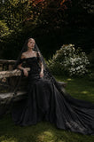 Load image into Gallery viewer, Black Alternative Wedding Gown with Flowing Train and Gothic Bridal Style