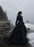 Load image into Gallery viewer, Black Gothic Bridal Gown with Dramatic Train, Alternative Wedding Dress