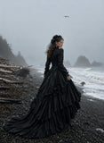 Load image into Gallery viewer, Black Gothic Bridal Gown with Dramatic Train, Alternative Wedding Dress