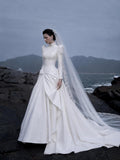 Load image into Gallery viewer, White Wedding Gown with Graceful Full Length Silhouette and Dramatic Bridal Train