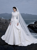 Load image into Gallery viewer, White Wedding Gown with Graceful Full Length Silhouette and Dramatic Bridal Train