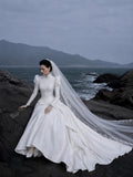 Load image into Gallery viewer, White Wedding Gown with Graceful Full Length Silhouette and Dramatic Bridal Train