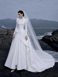 Load image into Gallery viewer, White Wedding Gown with Graceful Full Length Silhouette and Dramatic Bridal Train