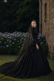 Load image into Gallery viewer, Black Gothic Bridal Gown with Dramatic Train, Alternative Wedding Dress