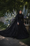 Load image into Gallery viewer, Black Alternative Wedding Gown with Flowing Train and Gothic Bridal Style