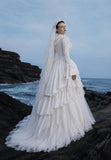 Load image into Gallery viewer, White Wedding Gown with Graceful Full Length Silhouette and Dramatic Bridal Train