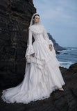 Load image into Gallery viewer, White Wedding Gown with Graceful Full Length Silhouette and Dramatic Bridal Train
