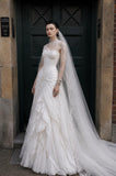 Load image into Gallery viewer, White Wedding Gown with Graceful Full Length Silhouette and Dramatic Bridal Train