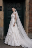 Load image into Gallery viewer, White Wedding Gown with Graceful Full Length Silhouette and Dramatic Bridal Train
