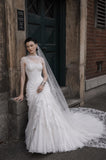 Load image into Gallery viewer, White Wedding Gown with Graceful Full Length Silhouette and Dramatic Bridal Train