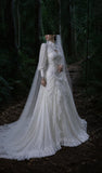 Load image into Gallery viewer, White Wedding Gown with Graceful Full Length Silhouette and Dramatic Bridal Train