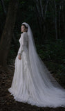 Load image into Gallery viewer, White Wedding Gown with Graceful Full Length Silhouette and Dramatic Bridal Train