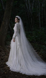 Load image into Gallery viewer, White Wedding Gown with Graceful Full Length Silhouette and Dramatic Bridal Train