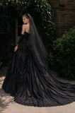 Load image into Gallery viewer, Black Alternative Wedding Gown with Flowing Train and Gothic Bridal Style