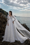 Load image into Gallery viewer, White Wedding Gown with Graceful Full Length Silhouette and Dramatic Bridal Train