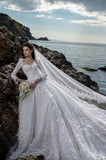 Load image into Gallery viewer, White Wedding Gown with Graceful Full Length Silhouette and Dramatic Bridal Train