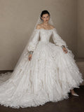 Load image into Gallery viewer, Ivory Wedding Gown with Graceful Full Length Silhouette and Dramatic Bridal Train