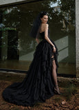 Load image into Gallery viewer, Black Gothic Wedding Dress with Elegant Train, Dark Romantic Bridal Gown