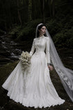 Load image into Gallery viewer, White Wedding Gown with Graceful Full Length Silhouette and Dramatic Bridal Train