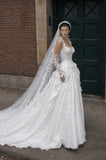 Load image into Gallery viewer, White Wedding Gown with Graceful Full Length Silhouette and Dramatic Bridal Train