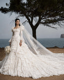 Load image into Gallery viewer, Ivory Wedding Gown with Graceful Full Length Silhouette and Dramatic Bridal Train