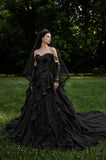Load image into Gallery viewer, Black Gothic Bridal Gown with Dramatic Train, Alternative Wedding Dress