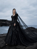 Load image into Gallery viewer, Black Gothic Bridal Gown with Dramatic Train, Alternative Wedding Dress
