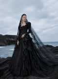 Load image into Gallery viewer, Black Gothic Bridal Gown with Dramatic Train, Alternative Wedding Dress