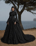 Load image into Gallery viewer, Black Gothic Bridal Gown with Dramatic Train, Alternative Wedding Dress