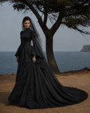 Load image into Gallery viewer, Black Gothic Bridal Gown with Dramatic Train, Alternative Wedding Dress