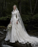 Load image into Gallery viewer, White Wedding Gown with Graceful Full Length Silhouette and Dramatic Bridal Train