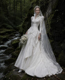 Load image into Gallery viewer, White Wedding Gown with Graceful Full Length Silhouette and Dramatic Bridal Train