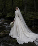Load image into Gallery viewer, White Wedding Gown with Graceful Full Length Silhouette and Dramatic Bridal Train