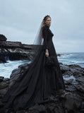 Load image into Gallery viewer, Black Gothic Wedding Dress with Elegant Train, Dark Romantic Bridal Gown