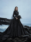 Load image into Gallery viewer, Black Gothic Wedding Dress with Elegant Train, Dark Romantic Bridal Gown