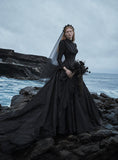 Load image into Gallery viewer, Black Gothic Wedding Dress with Elegant Train, Dark Romantic Bridal Gown