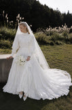 Load image into Gallery viewer, White Wedding Gown with Graceful Full Length Silhouette and Dramatic Bridal Train