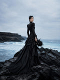 Load image into Gallery viewer, Black Long Sleeve Bridal Gown with Flowing Train, Gothic Wedding Dress for Formal Ceremony