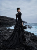 Load image into Gallery viewer, Black Long Sleeve Bridal Gown with Flowing Train, Gothic Wedding Dress for Formal Ceremony