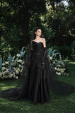 Load image into Gallery viewer, Black Gothic Bridal Gown with Flowing Train, Wedding Dress for Bridal Portraits