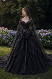 Load image into Gallery viewer, Black Lace Bridal Ball Gown with Long Train, Gothic Wedding Dress for Garden Ceremony