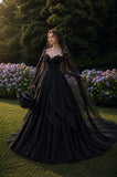 Load image into Gallery viewer, Black Lace Bridal Ball Gown with Long Train, Gothic Wedding Dress for Garden Ceremony