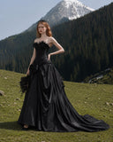 Load image into Gallery viewer, Black Strapless Bridal Gown with Full Skirt, Dramatic Wedding Dress for Outdoor Ceremony