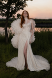 Load image into Gallery viewer, Penelope Cape Wedding Dress, Statement Bridal Gown with Dramatic Draped Detail image 1